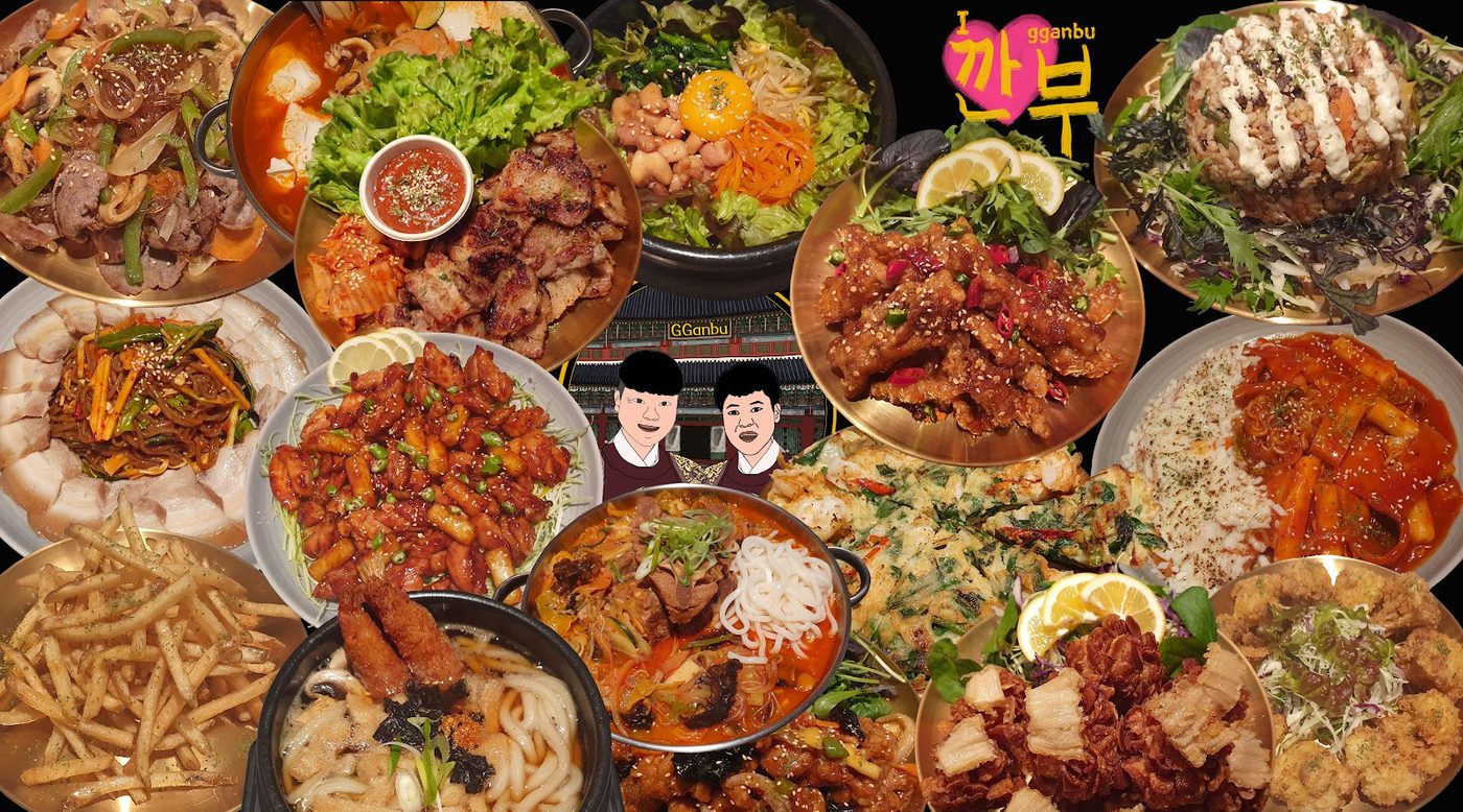 Gganbu collage of Korean shared dishes, noodles, chicken, rice and banchan